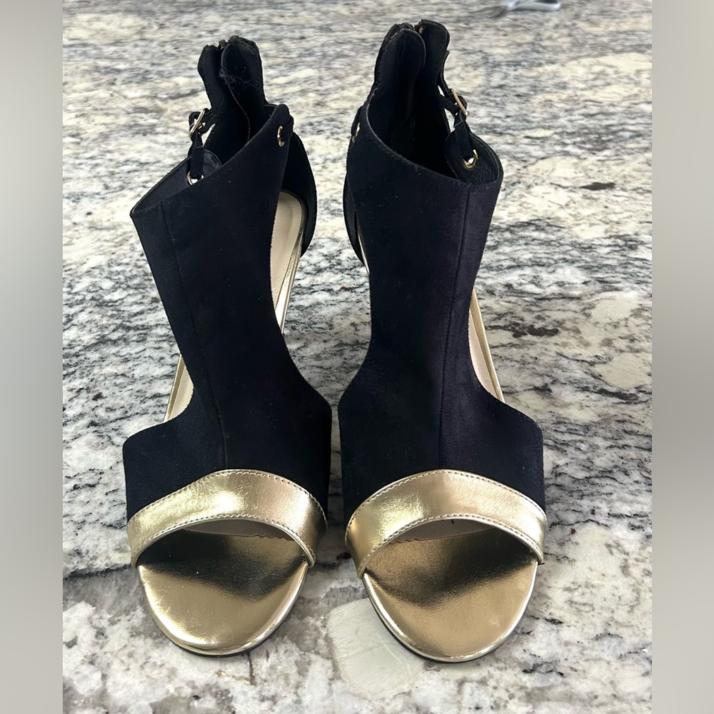 Ashro Black and Gold Open-Toe Ankle-Heel Sandals